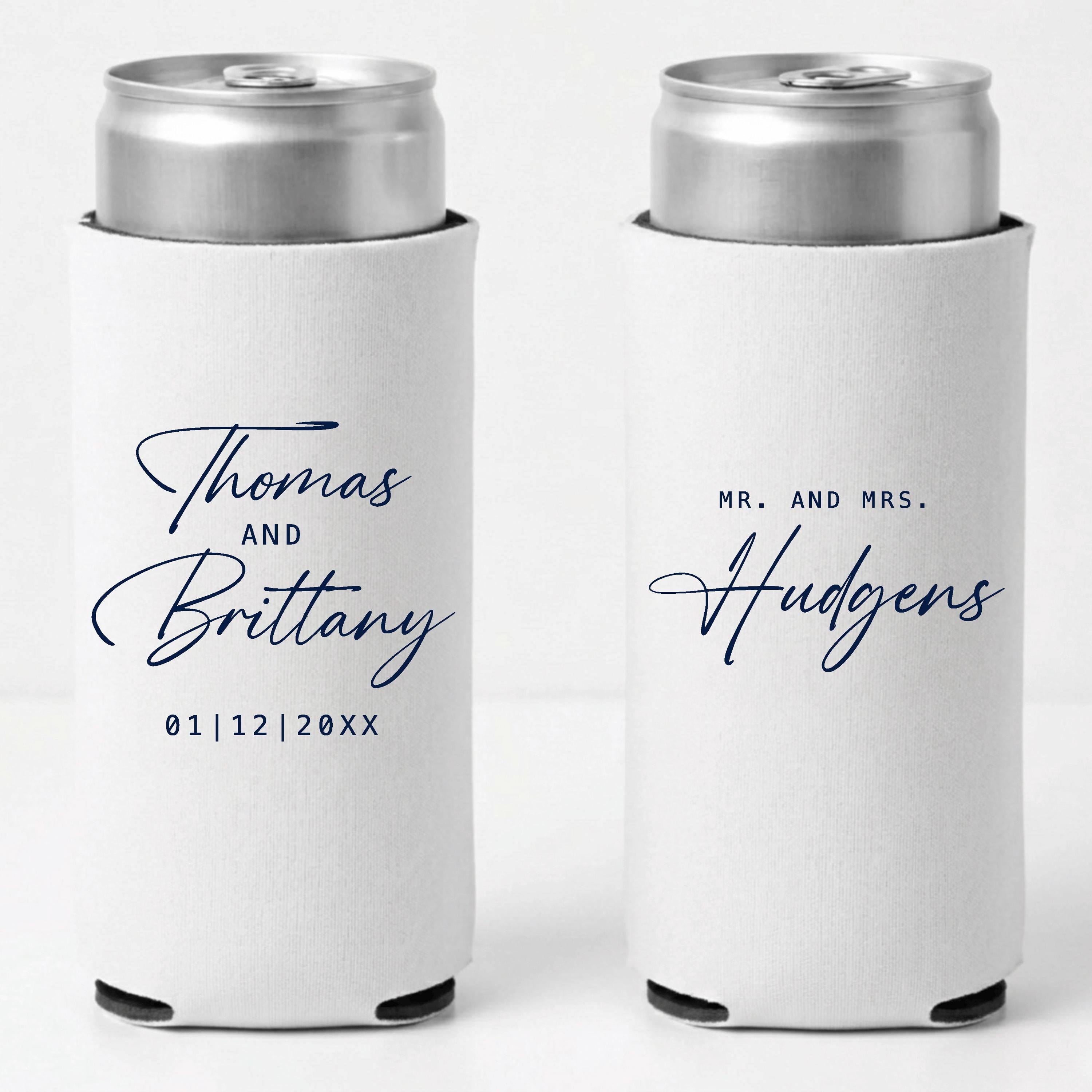 Mr And Mrs Wedding Slim Can Coolers Personalized Wedding Favors Custom Skinny Can Sleeves Bride Groom Reception Keepsake
