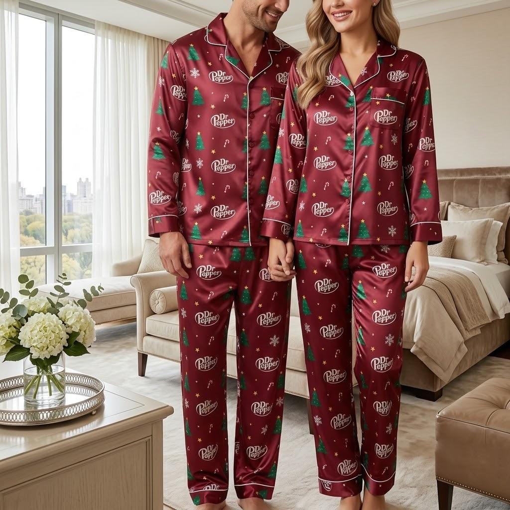 Dr Pepper Christmas Satin Pajamas Set, Est. 1885 Soda Pajamas, Diet Drink Lovers Gift, Family Matching Christmas Pajamas, Christmas Pajamas