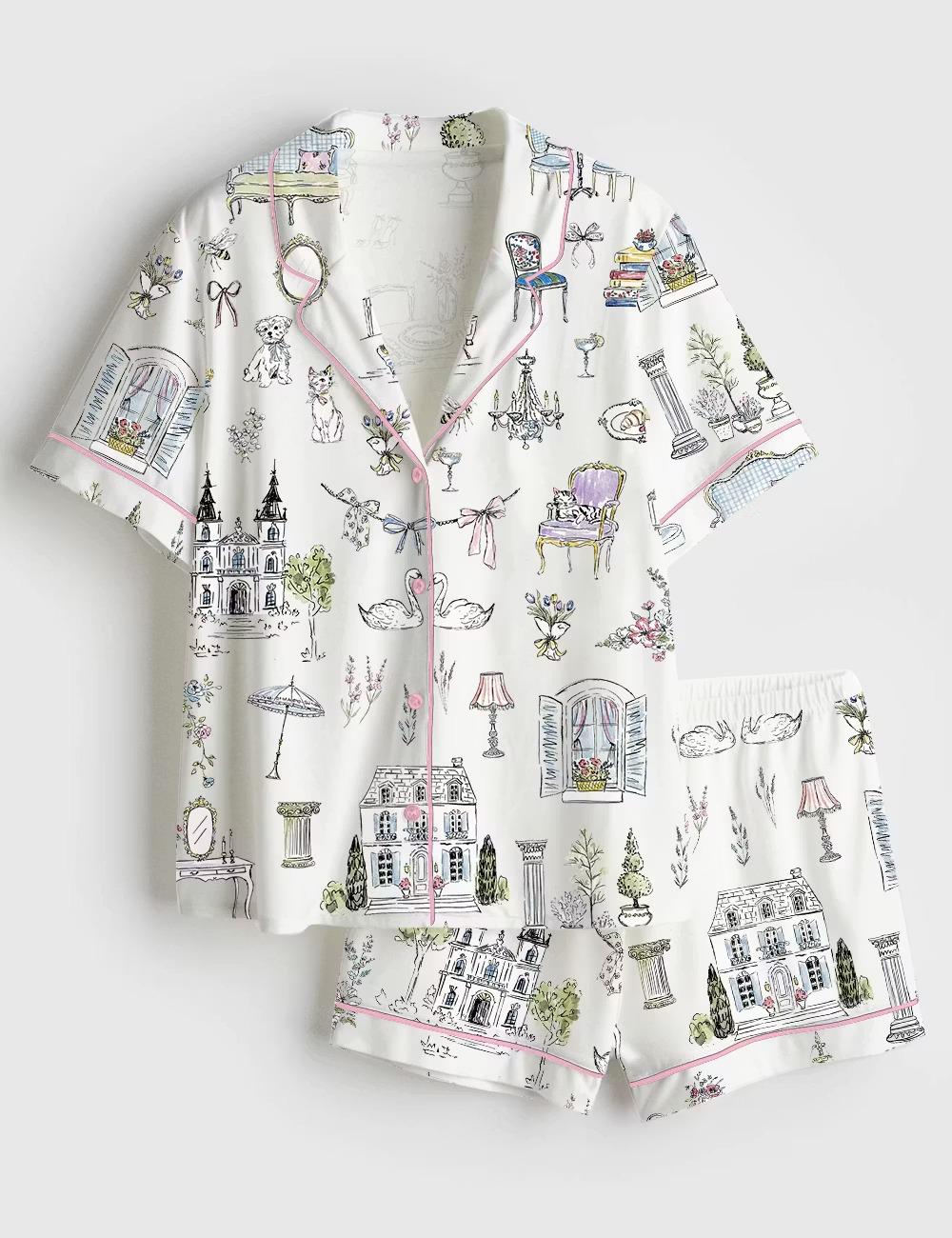 Chic French Summer Silky Satin Pajamas, Cute European Holiday Short Sleeve Pjs Set, Elegant Vacation Loungewear, Bridesmaid PJ Gift