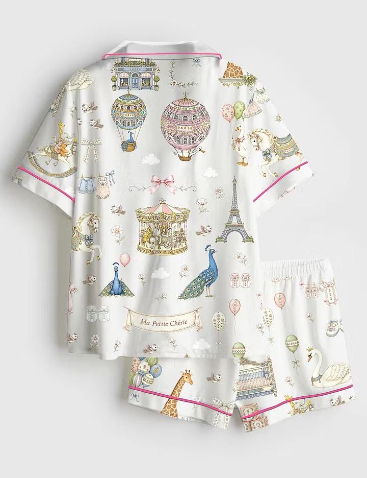 Chic Paris Eiffel Tower Silky Satin Pajamas, Cute Carousel Swan Short Sleeve Pjs Set, Elegant Vacation Loungewear, Bridesmaid PJ Gift