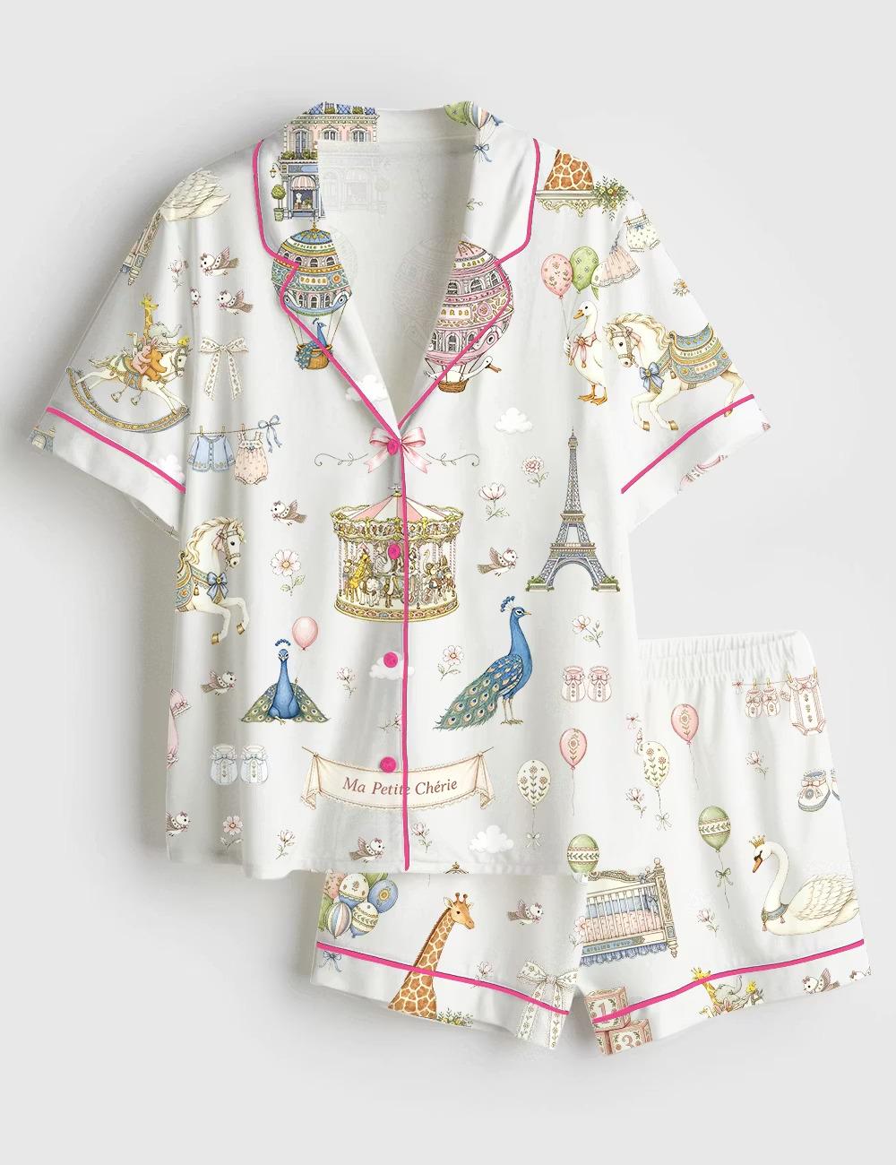Chic Paris Eiffel Tower Silky Satin Pajamas, Cute Carousel Swan Short Sleeve Pjs Set, Elegant Vacation Loungewear, Bridesmaid PJ Gift