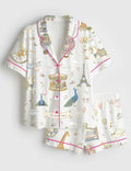 Chic Paris Eiffel Tower Silky Satin Pajamas, Cute Carousel Swan Short Sleeve Pjs Set, Elegant Vacation Loungewear, Bridesmaid PJ Gift