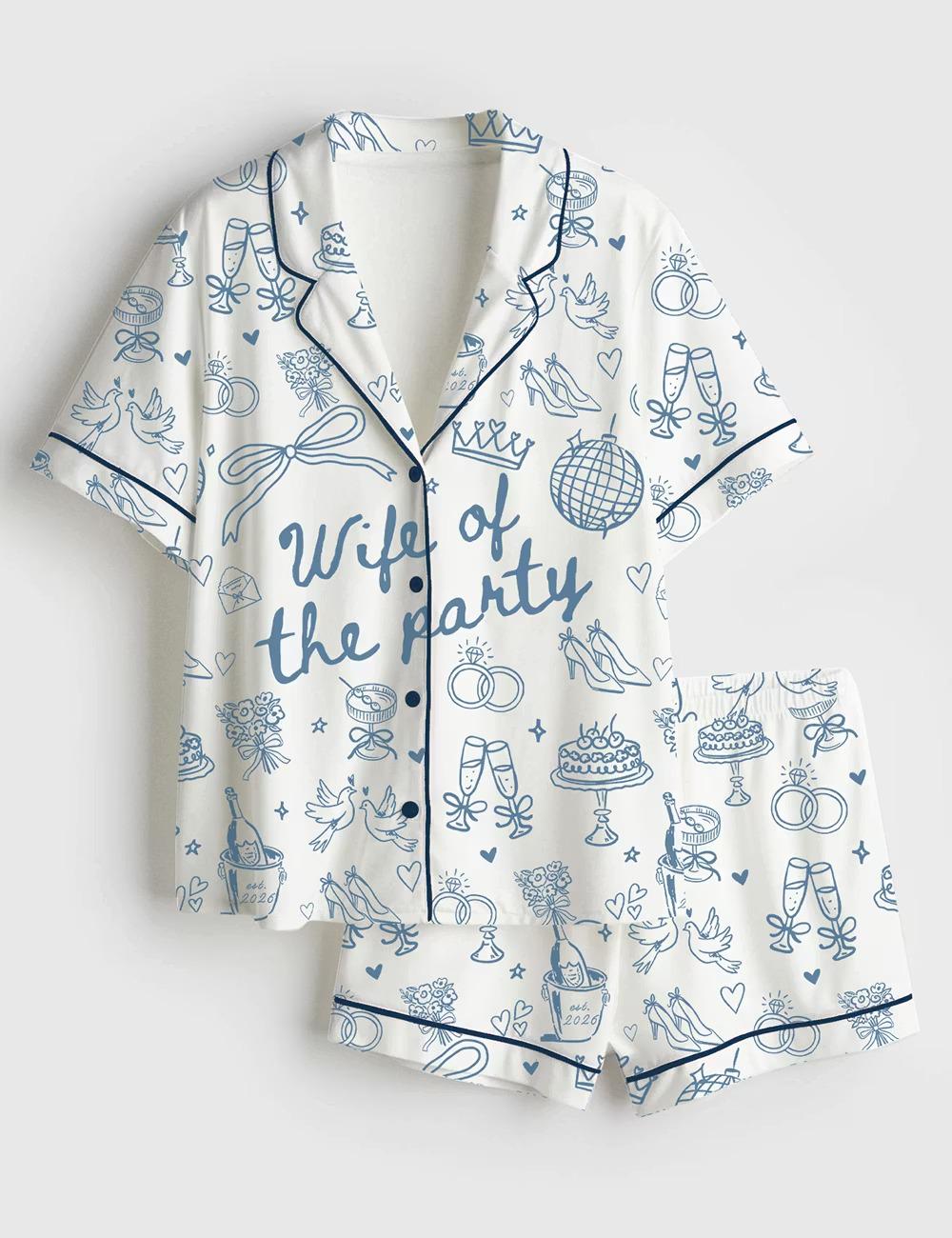 Funny Bride Wedding Silky Satin Pajamas, Wife of the Party Short Sleeve Pjs Set, Cozy Bridal Party Loungewear, Bridesmaid PJ Gift
