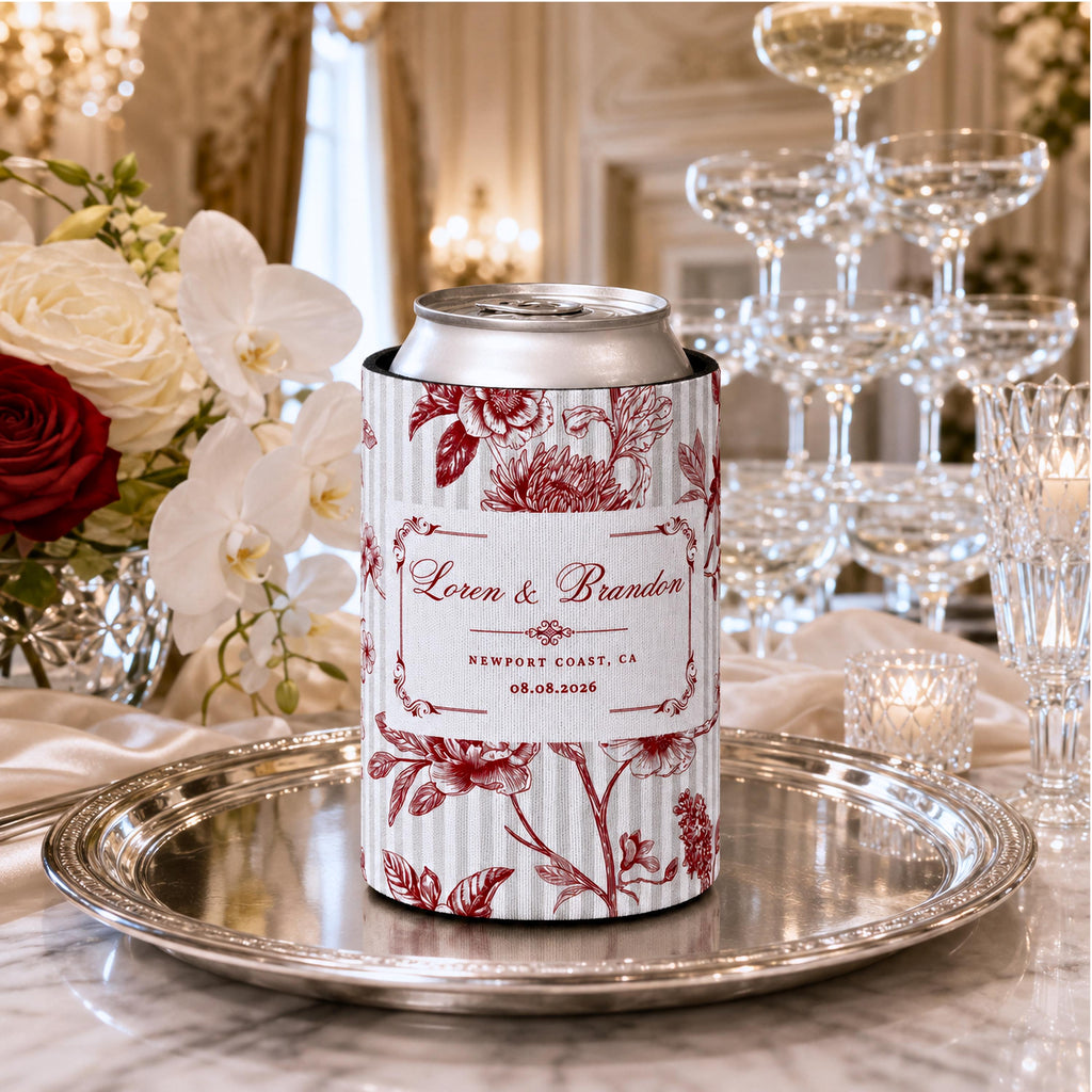 Personalized Floral Wedding Can Coolers, Custom Striped Wedding Can Sleeves, Floral Drink Holders With Couple Names, Wedding Must Haves