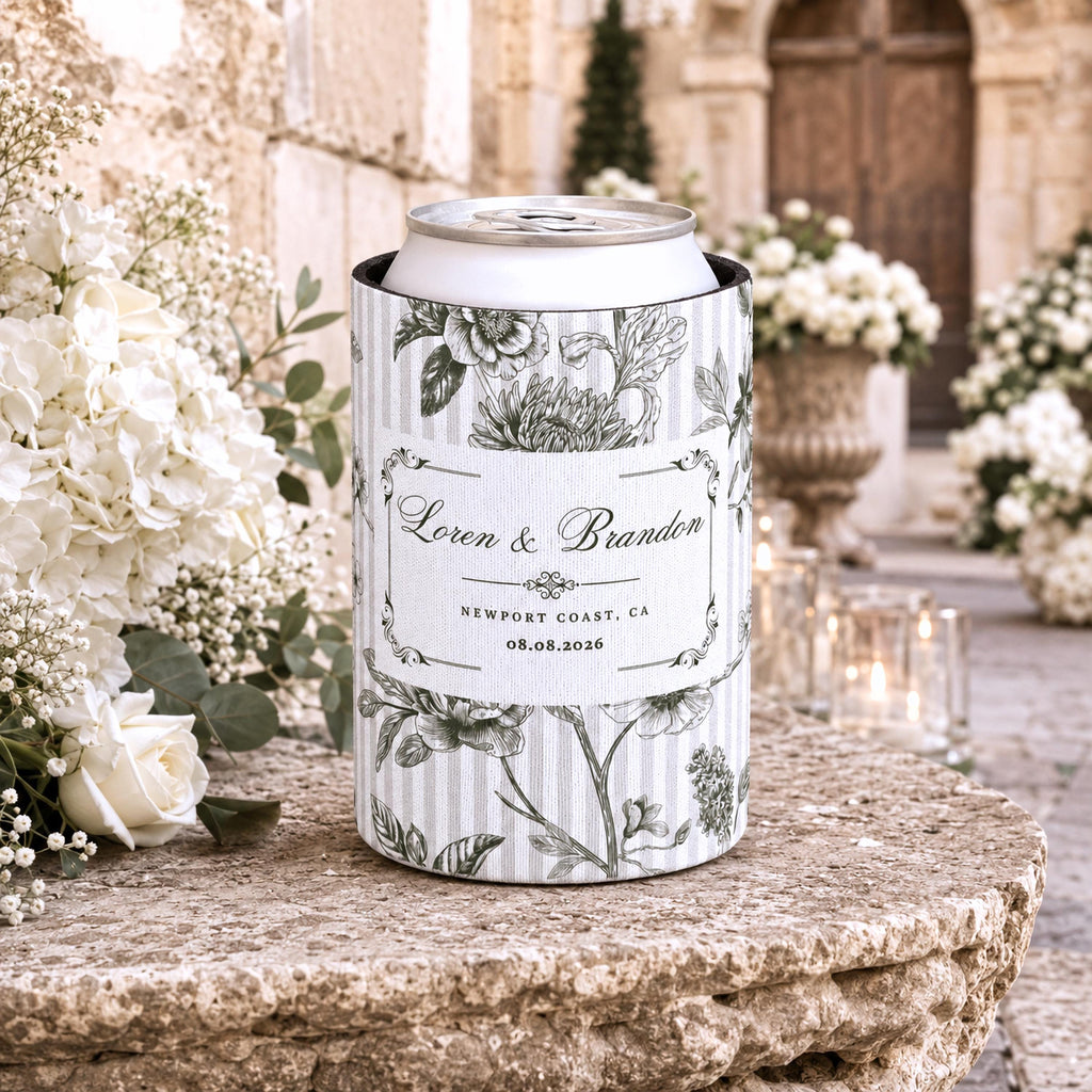 Personalized Floral Wedding Can Coolers, Custom Striped Wedding Can Sleeves, Floral Drink Holders With Couple Names, Wedding Must Haves
