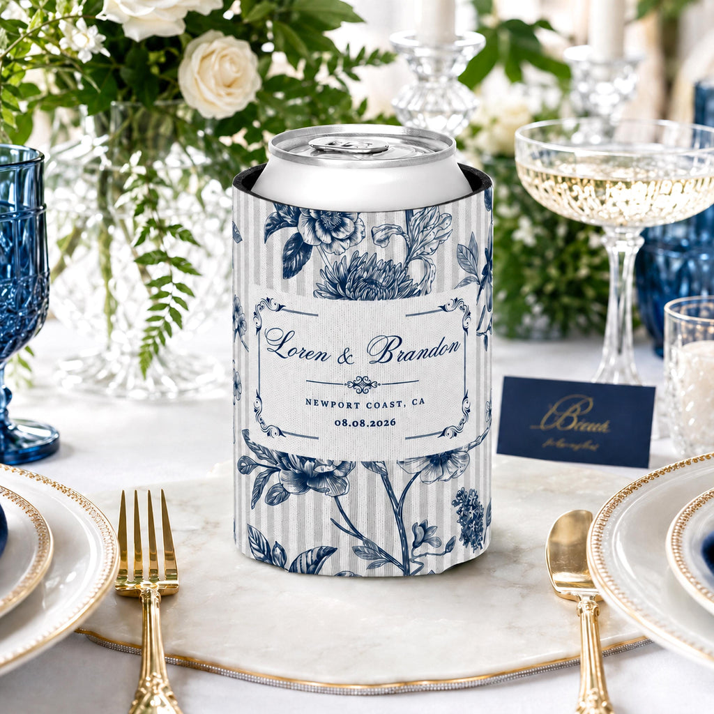Personalized Floral Wedding Can Coolers, Custom Striped Wedding Can Sleeves, Floral Drink Holders With Couple Names, Wedding Must Haves