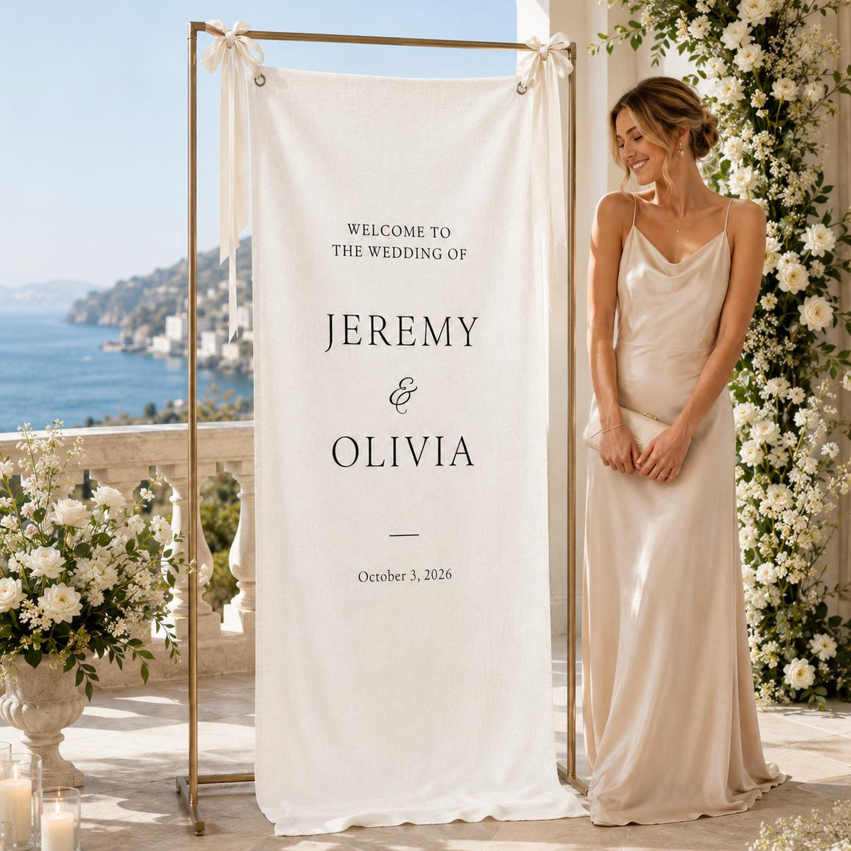 Modern Wedding Welcome Sign, Custom Linen Fabric Banner, Wedding Fabric Welcome Sign, Personalized Ceremony Backdrop, Boho Reception Decor