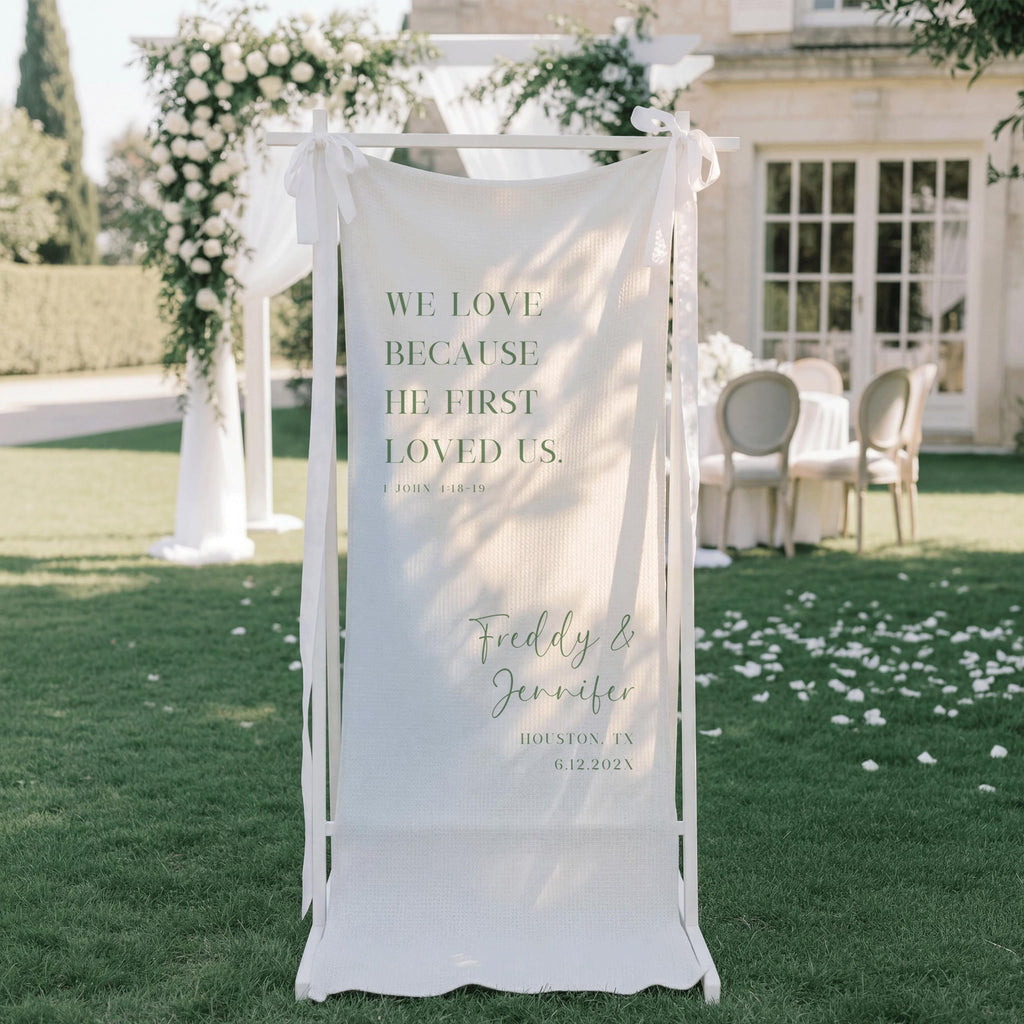 Custom Bible Verse Wedding Banner, Linen Christian Wedding Welcome Sign, Rustic Church Ceremony Decor, Personalized Quote Reception Signage