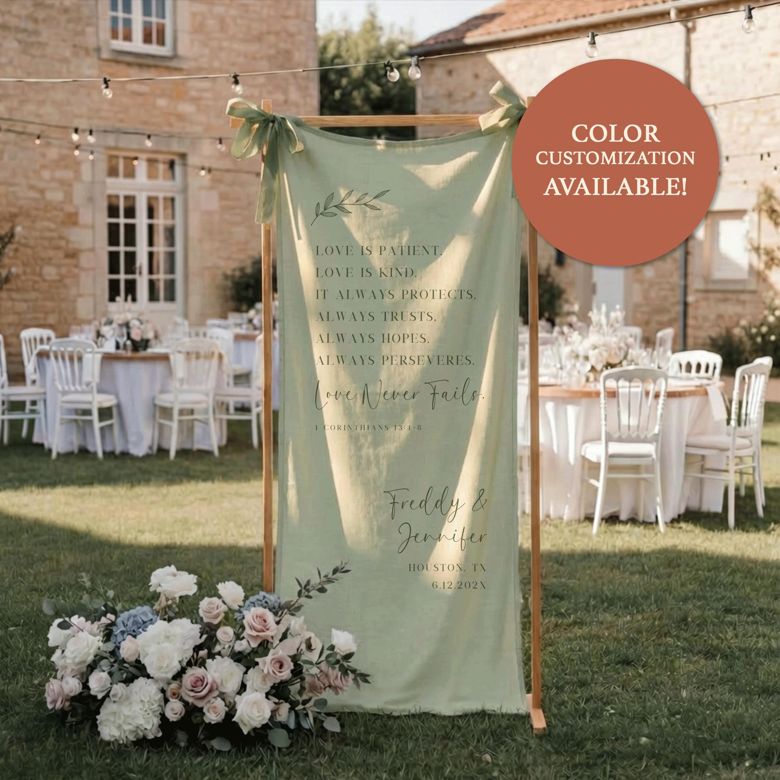 Love is Patient Linen Wedding Banner, Custom Scripture Engagement Party Welcome Sign, Fabric Christian Anniversary Decor for Church Ceremony