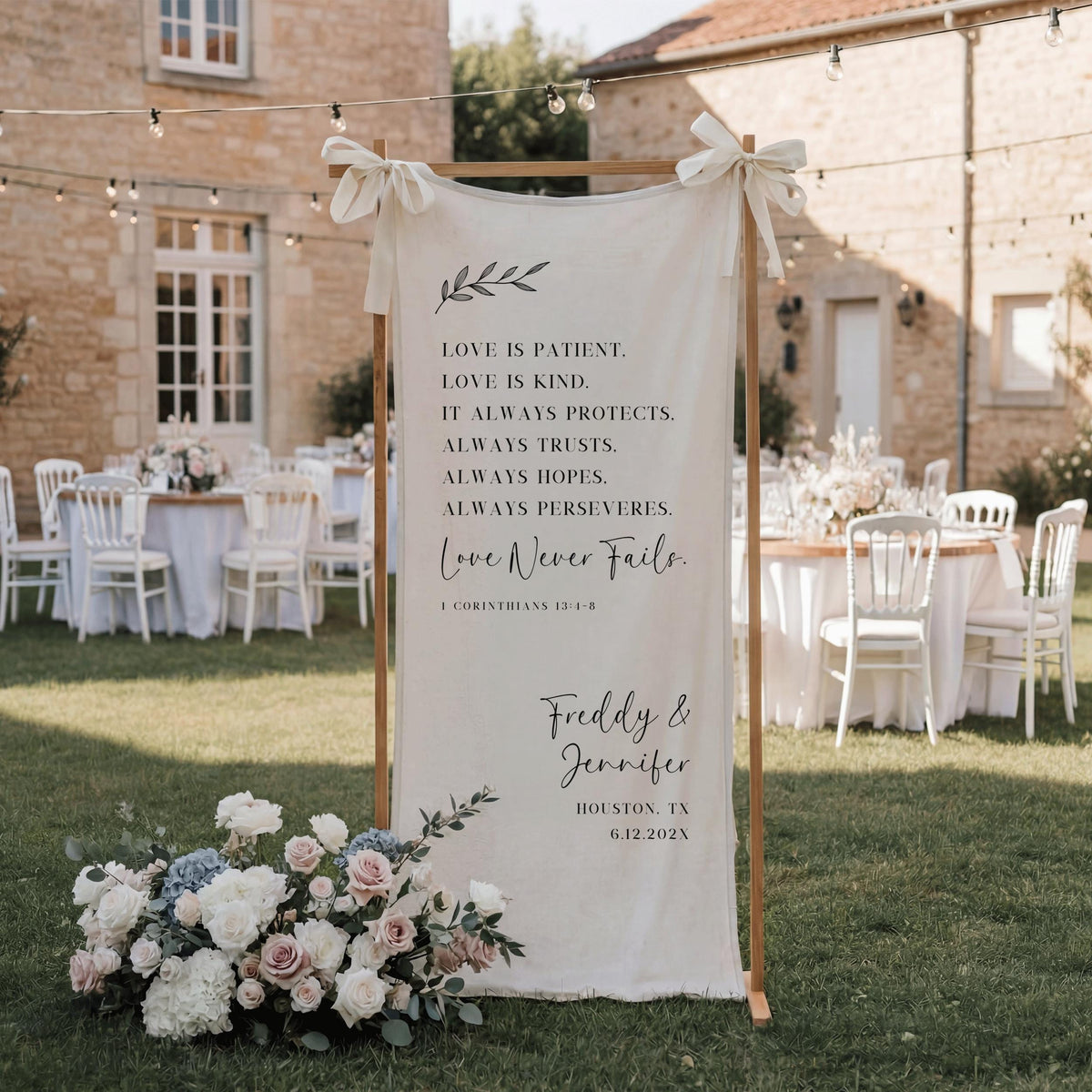 Love is Patient Linen Wedding Banner, Custom Scripture Engagement Party Welcome Sign, Fabric Christian Anniversary Decor for Church Ceremony