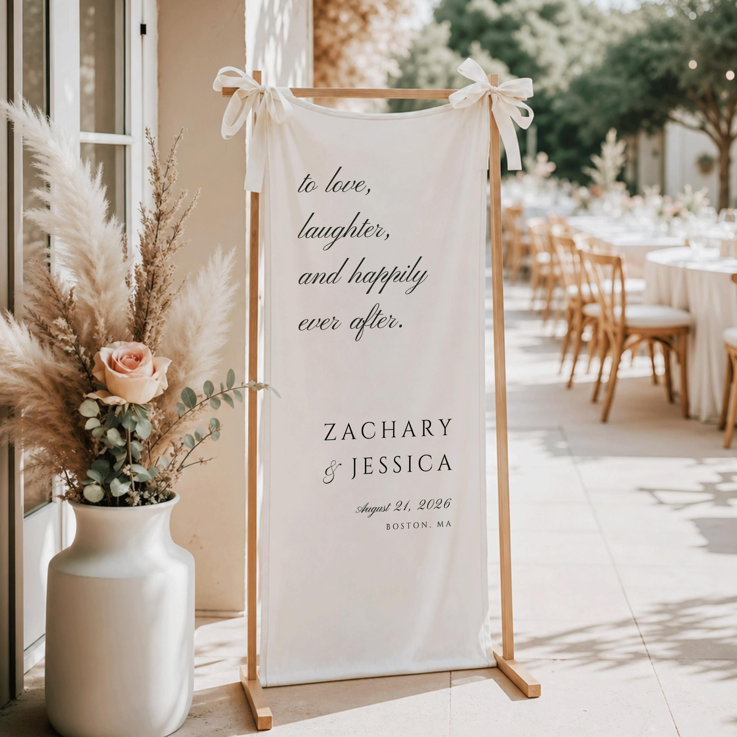 Happily Ever After Linen Wedding Banner, Personalized Vertical Wedding Welcome Sign, Outdoor Reception Decor for Engagement Afterparty