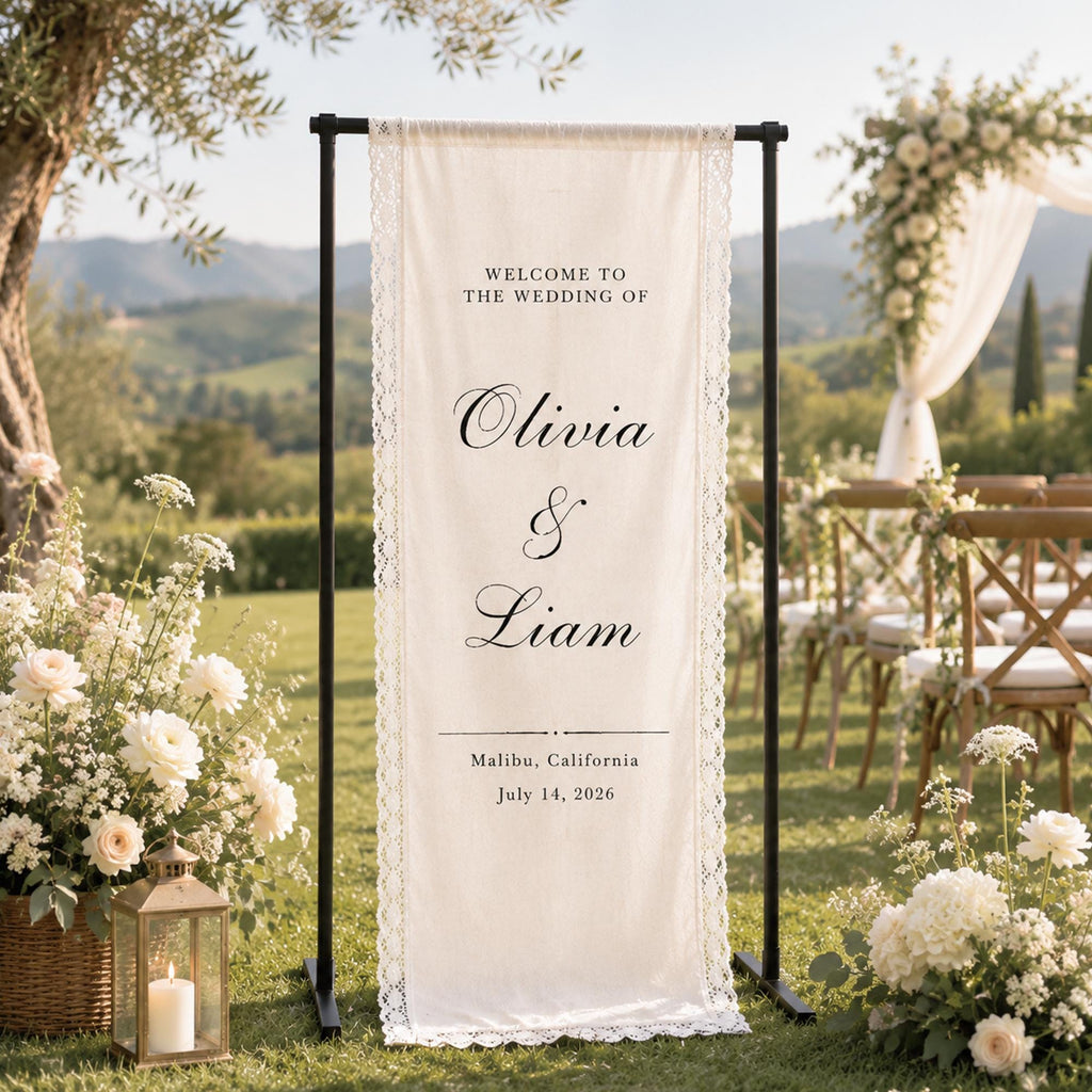 Personalized Lace Trim Fabric Wedding Welcome Sign Banner, Custom Lace Wedding Signage, Ceremony Reception Decor