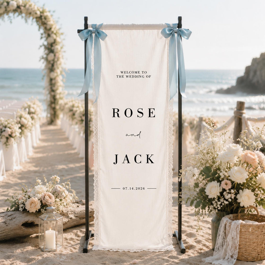 Personalized Lace Trim Fabric Wedding Welcome Sign Banner, Custom Lace Wedding Signage, Ceremony Reception Decor