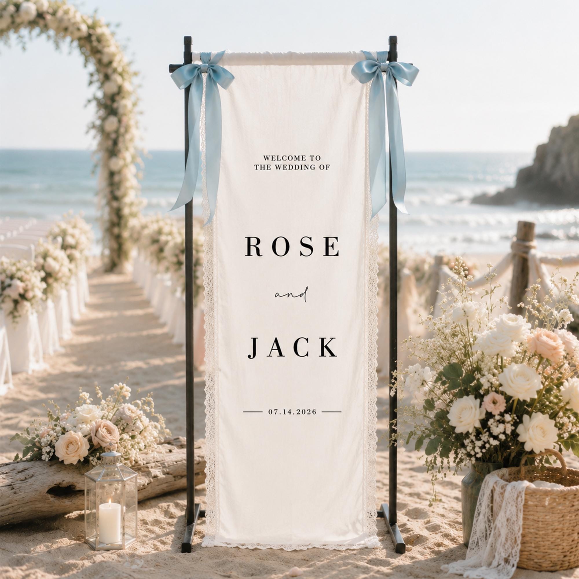 Personalized Lace Trim Fabric Wedding Welcome Sign Banner, Custom Lace Wedding Signage, Ceremony Reception Decor