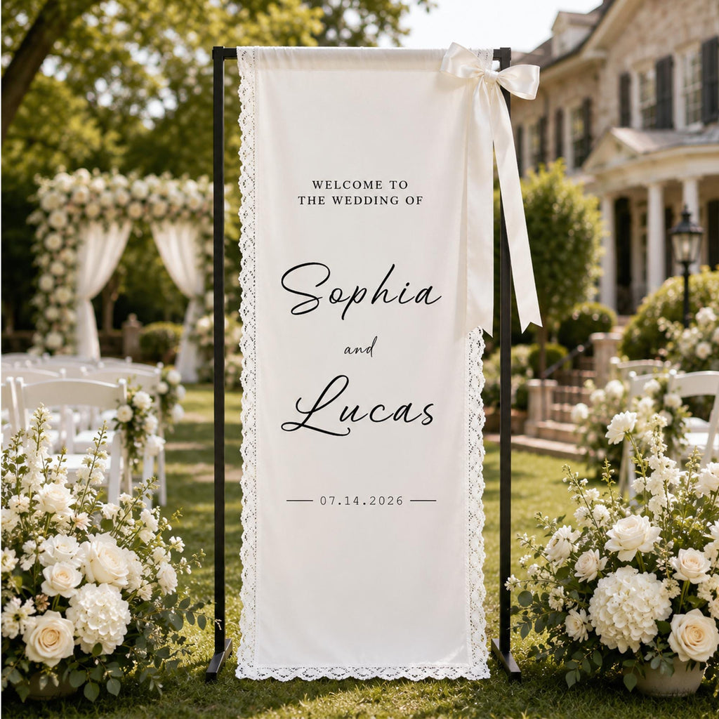 Personalized Lace Trim Fabric Wedding Welcome Sign Banner, Custom Lace Wedding Signage, Ceremony Reception Decor
