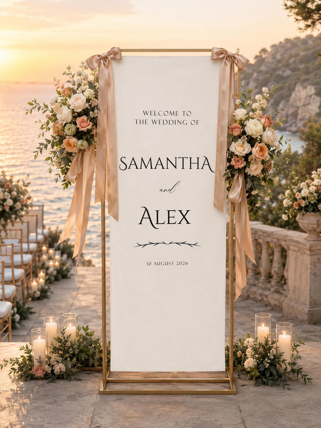 Personalized Fabric Wedding Welcome Sign, Custom Names Date Banner, Elegant Ceremony Decor
