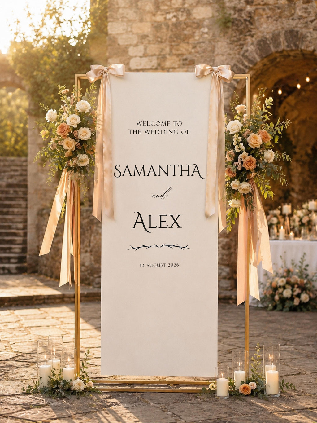 Personalized Fabric Wedding Welcome Sign, Custom Names Date Banner, Elegant Ceremony Decor