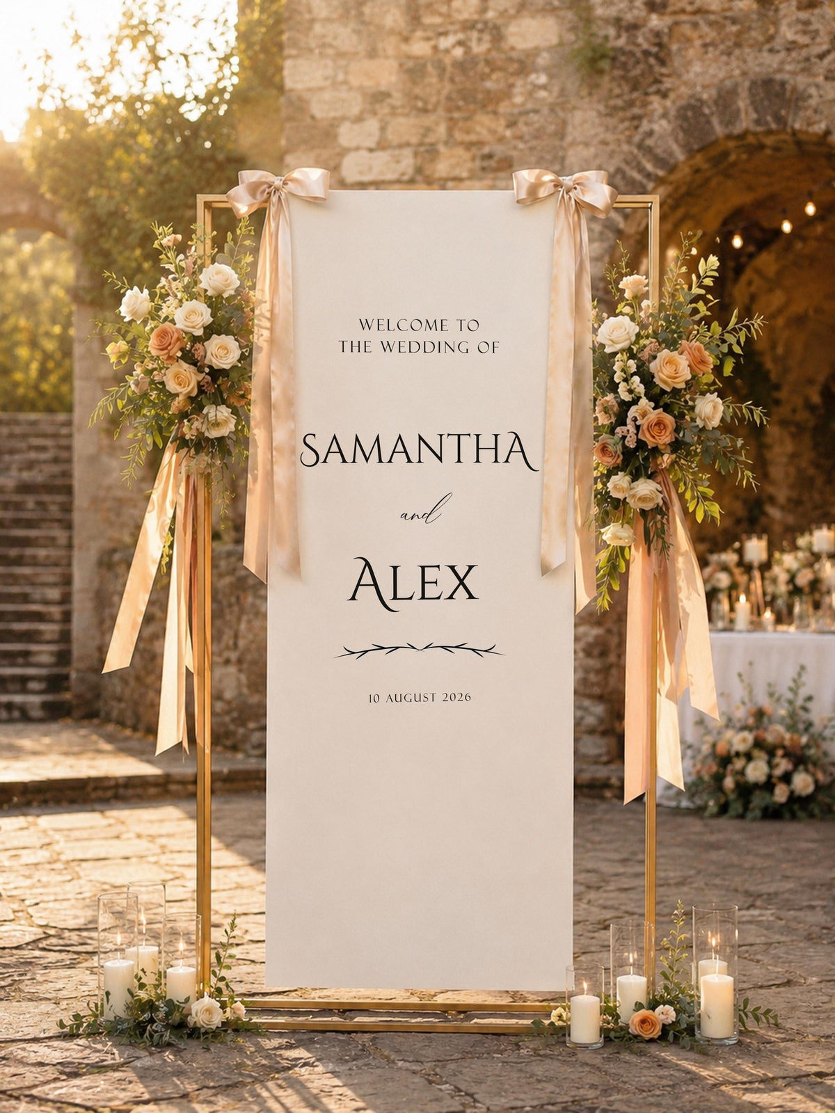 Personalized Fabric Wedding Welcome Sign, Custom Names Date Banner, Elegant Ceremony Decor