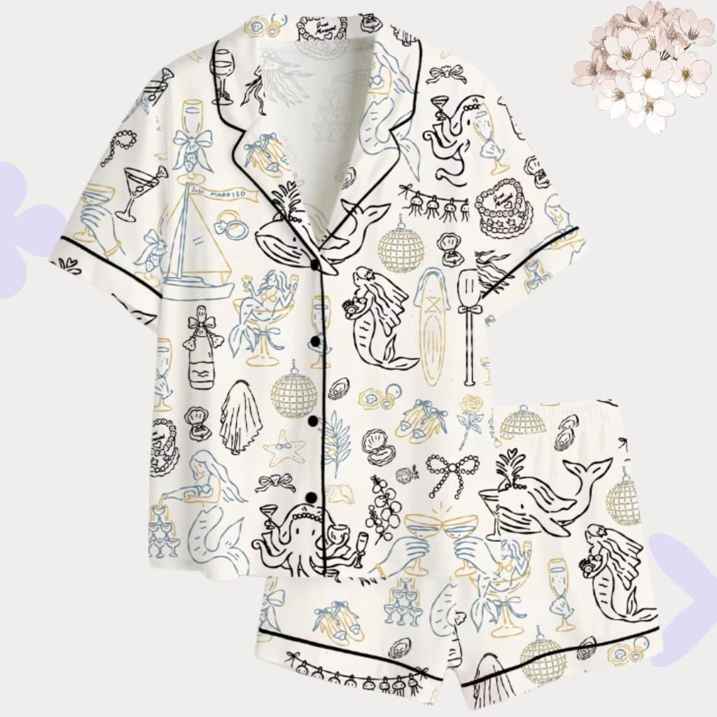 Coastal Bride Pajama Set – Mermaid Nautical Sleepwear – Honeymoon Gift for Her, Getting Ready Bridal