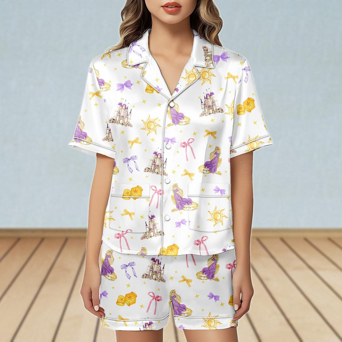 Rapunzel Tangled Satin Pajamas Set, Disney Princess Women Pajamas, Bridesmaid Sleepwear, Coquette Bow Pjs, Bridal Shower Gift For Her