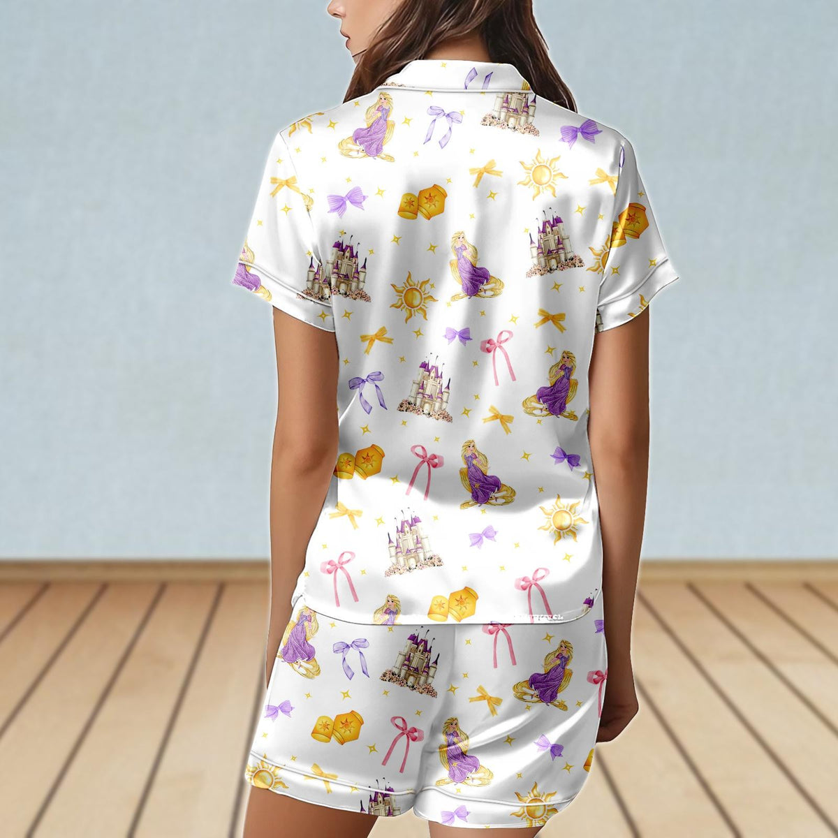 Rapunzel Tangled Satin Pajamas Set, Disney Princess Women Pajamas, Bridesmaid Sleepwear, Coquette Bow Pjs, Bridal Shower Gift For Her