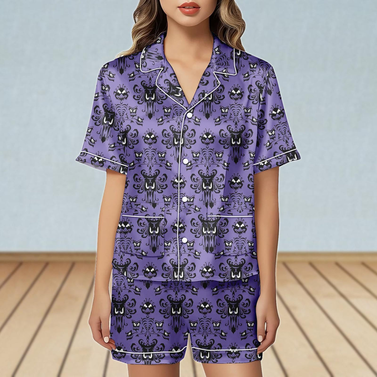 Disney Haunted Mansion Satin Pajamas Set, Hitchhiking Ghosts Women Pajamas, Horror Movie Pajamas Short, Bridesmaid Pjs, Halloween Gift