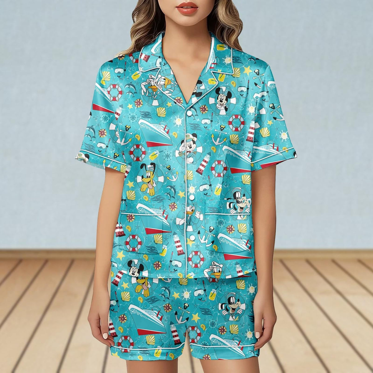 Disney Cruise Satin Pajamas Set, Mickey And Friends Cruise Women Pjs, Mickey Mouse Pajamas Short, Disneyland Shirt, Cruise Sleepwear