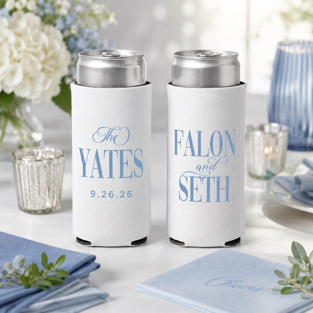 Custom Wedding Can Coolers, Personalized Bridal Shower Favors, Slim Beer Huggers