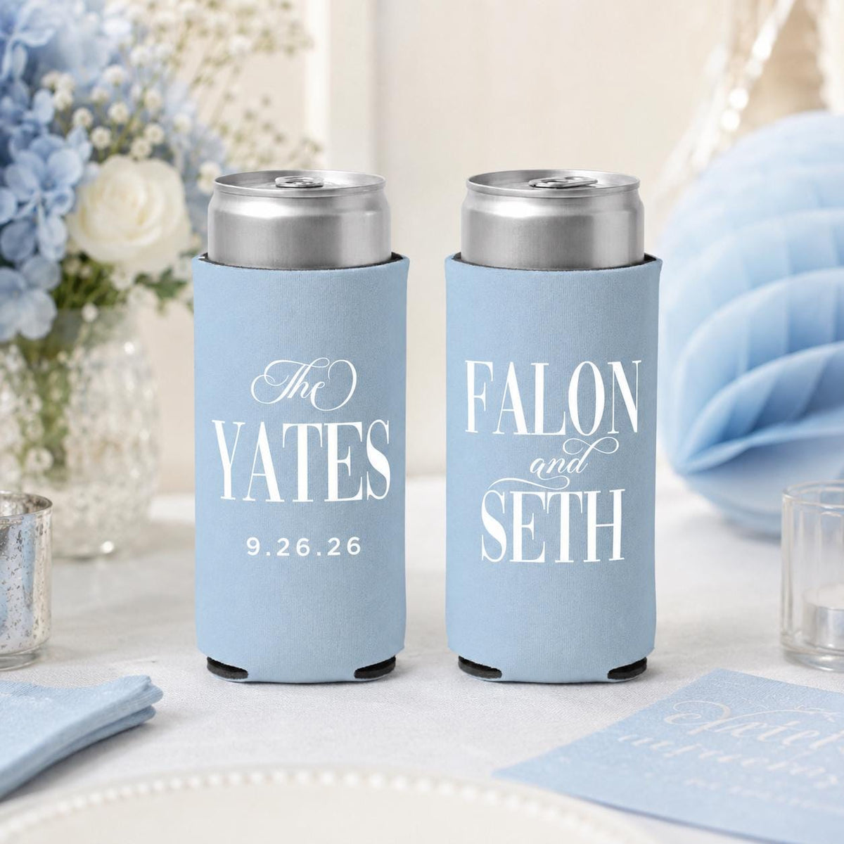 Custom Wedding Can Coolers, Personalized Bridal Shower Favors, Slim Beer Huggers