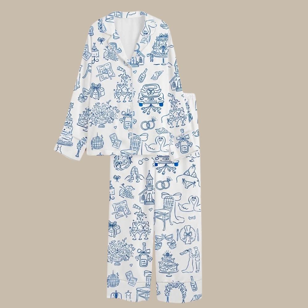 Bridal Pajamas Set – Blue Willow Toile Wedding Pjs – Bachelorette Party Outfit & Getting Ready Outfit