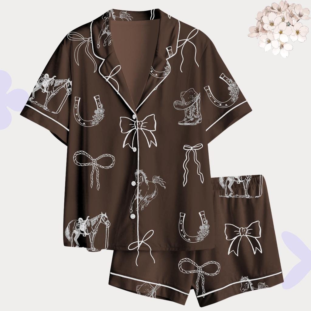 Western Pajama Set - Horse and Coquette Bow Pajamas - Cowgirl Bachelorette Sleepwear, Horse Lover