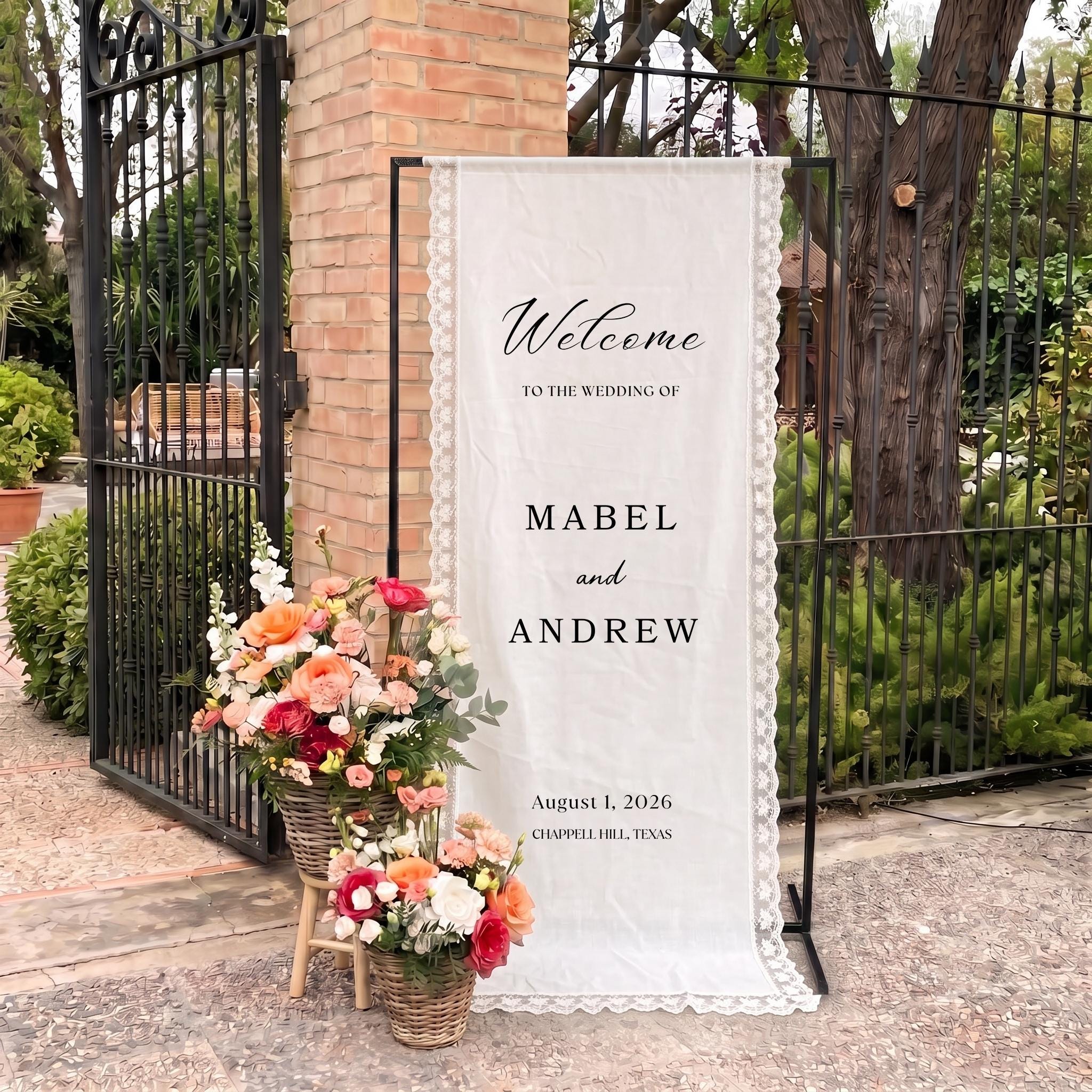 Custom Lace-Linen Wedding Welcome Sign, Fabric Wedding Ceremony Decor, Personalized Fabric Linen Wedding Signs