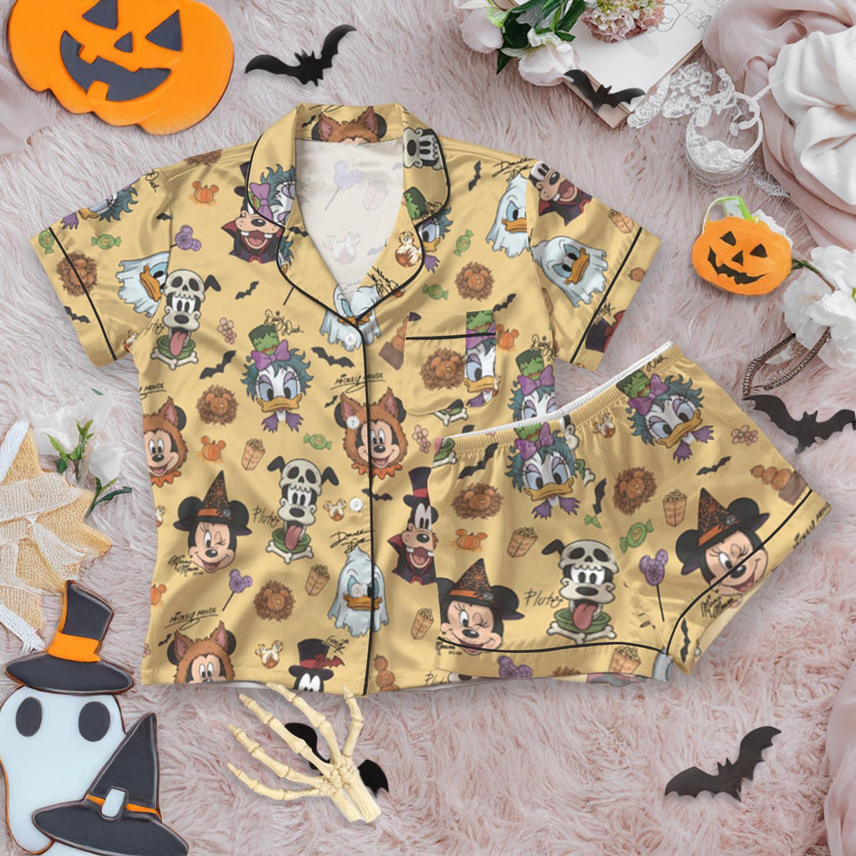 Disney Halloween Satin Pajamas, Mickey Mouse Pumpkin Sleepwear Set, Cute Cartoon Pajama Set, Spooky Season Gift, Comfortable Lounge Wear