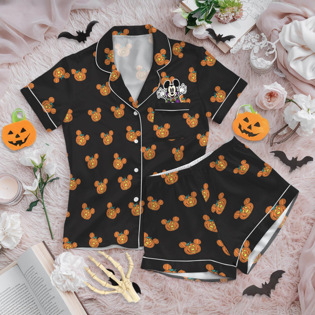 Black Halloween Satin Pajamas, Mickey Pumpkin Print Sleepwear, Cute Cartoon PJ Set, Spooky Season Lounge Wear, Matching Pajamas for Her