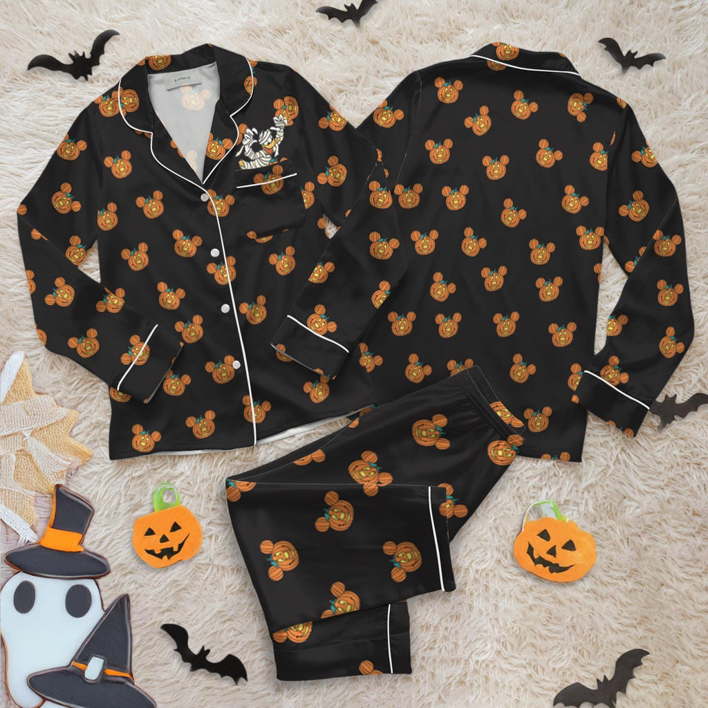 Black Halloween Satin Pajamas, Mickey Pumpkin Print Sleepwear, Cute Cartoon PJ Set, Spooky Season Lounge Wear, Matching Pajamas for Her