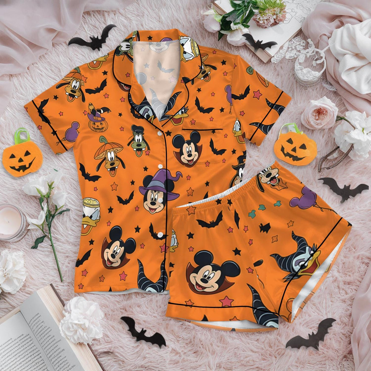 Disney Halloween Satin Pajamas, Cute Character Print Sleepwear Set, Spooky Season Lounge Wear, Matching Pajamas for Her, Comfy PJ Set