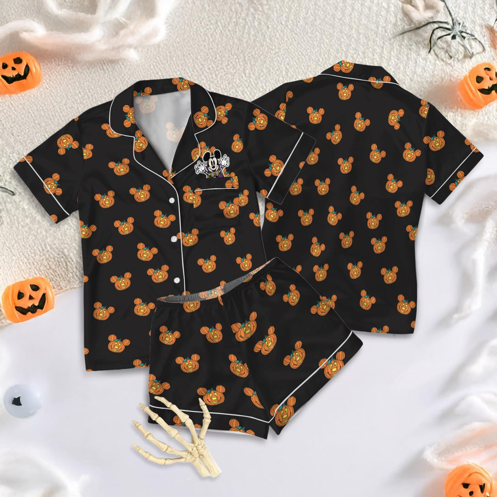 Black Halloween Satin Pajamas, Mickey Pumpkin Print Sleepwear, Cute Cartoon PJ Set, Spooky Season Lounge Wear, Matching Pajamas for Her