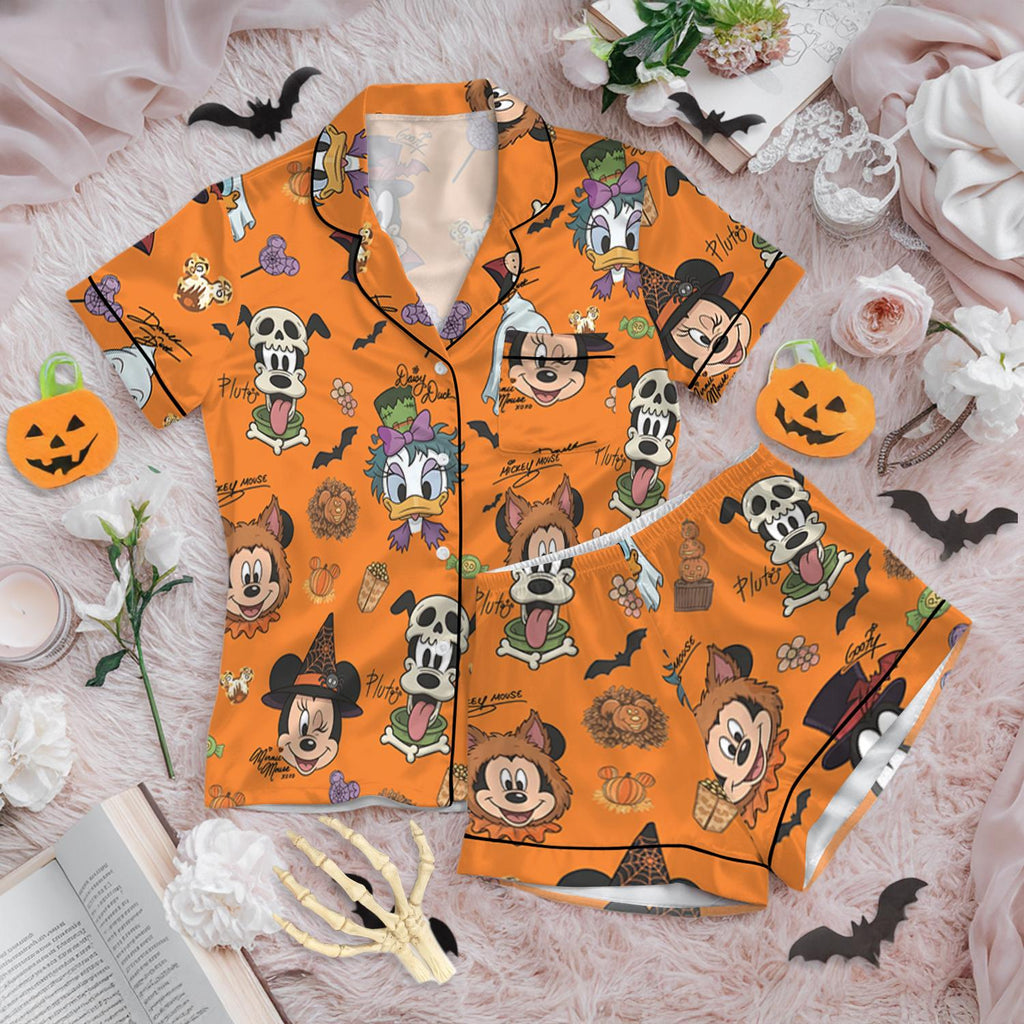 Disney Halloween Satin Pajamas, Mickey Mouse Pumpkin Sleepwear Set, Cute Cartoon Pajama Set, Spooky Season Gift, Comfortable Lounge Wear