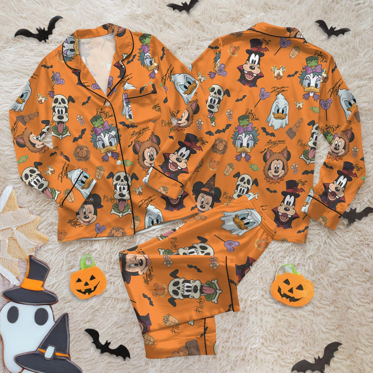 Disney Halloween Satin Pajamas, Mickey Mouse Pumpkin Sleepwear Set, Cute Cartoon Pajama Set, Spooky Season Gift, Comfortable Lounge Wear