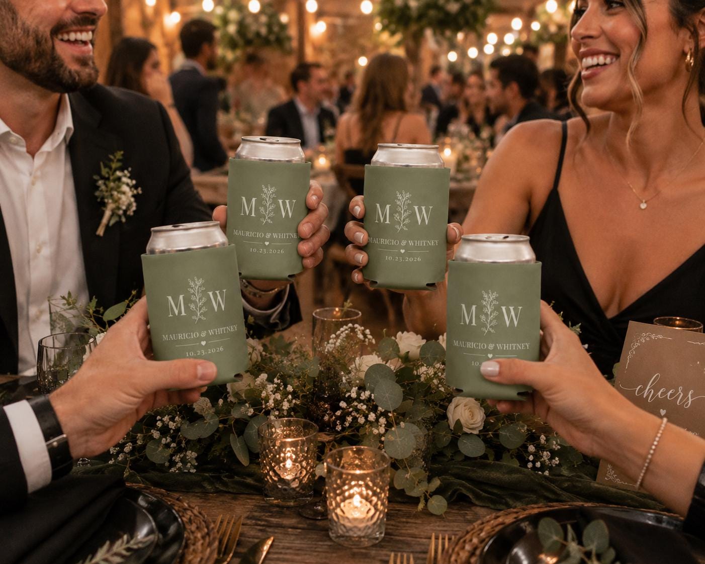 Personalized Wedding Koozie, Custom Can Cooler, Wedding Favor, Monogram Beer Sleeve, Double-Sided Available, Bridal Shower, Engagement Party