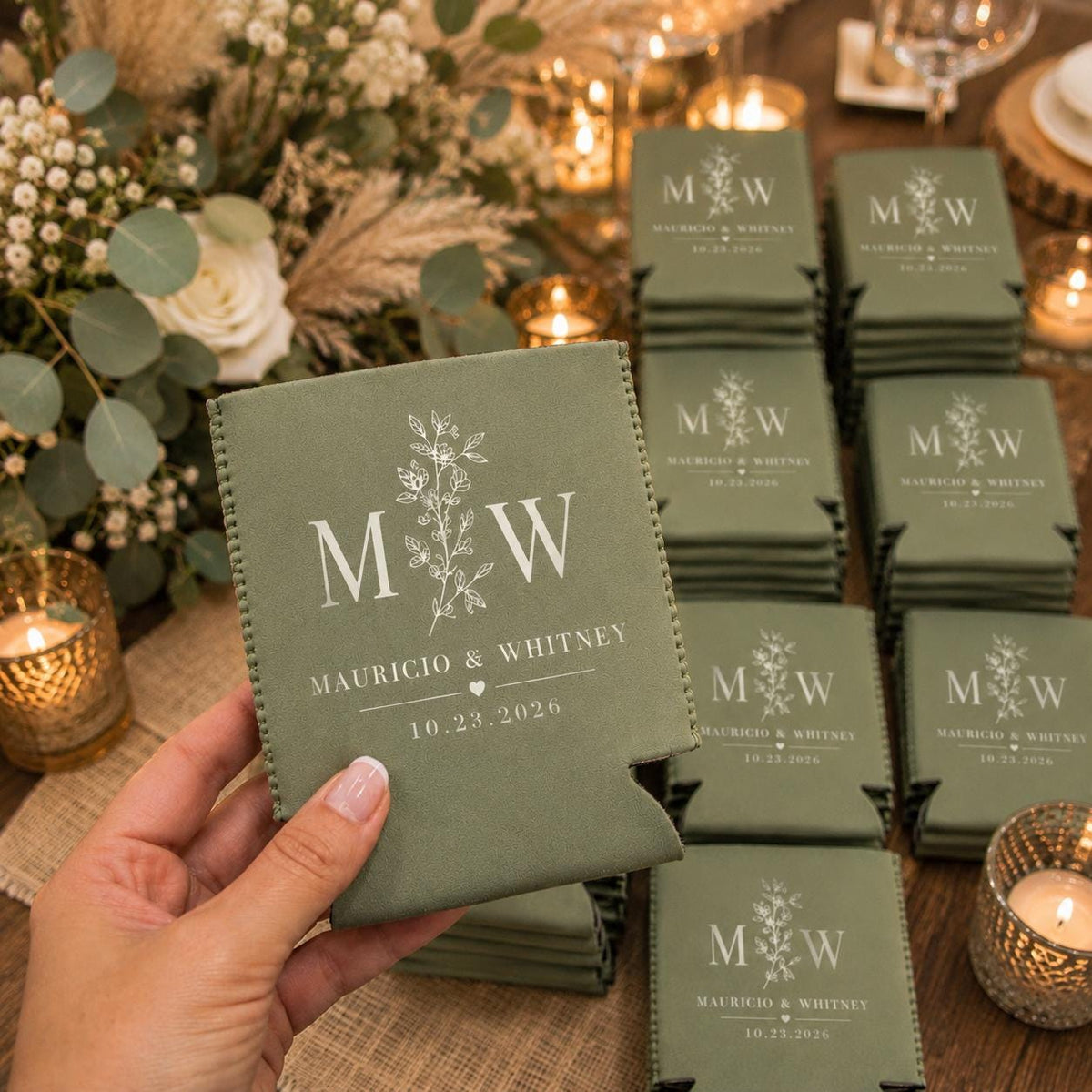 Personalized Wedding Koozie, Custom Can Cooler, Wedding Favor, Monogram Beer Sleeve, Double-Sided Available, Bridal Shower, Engagement Party