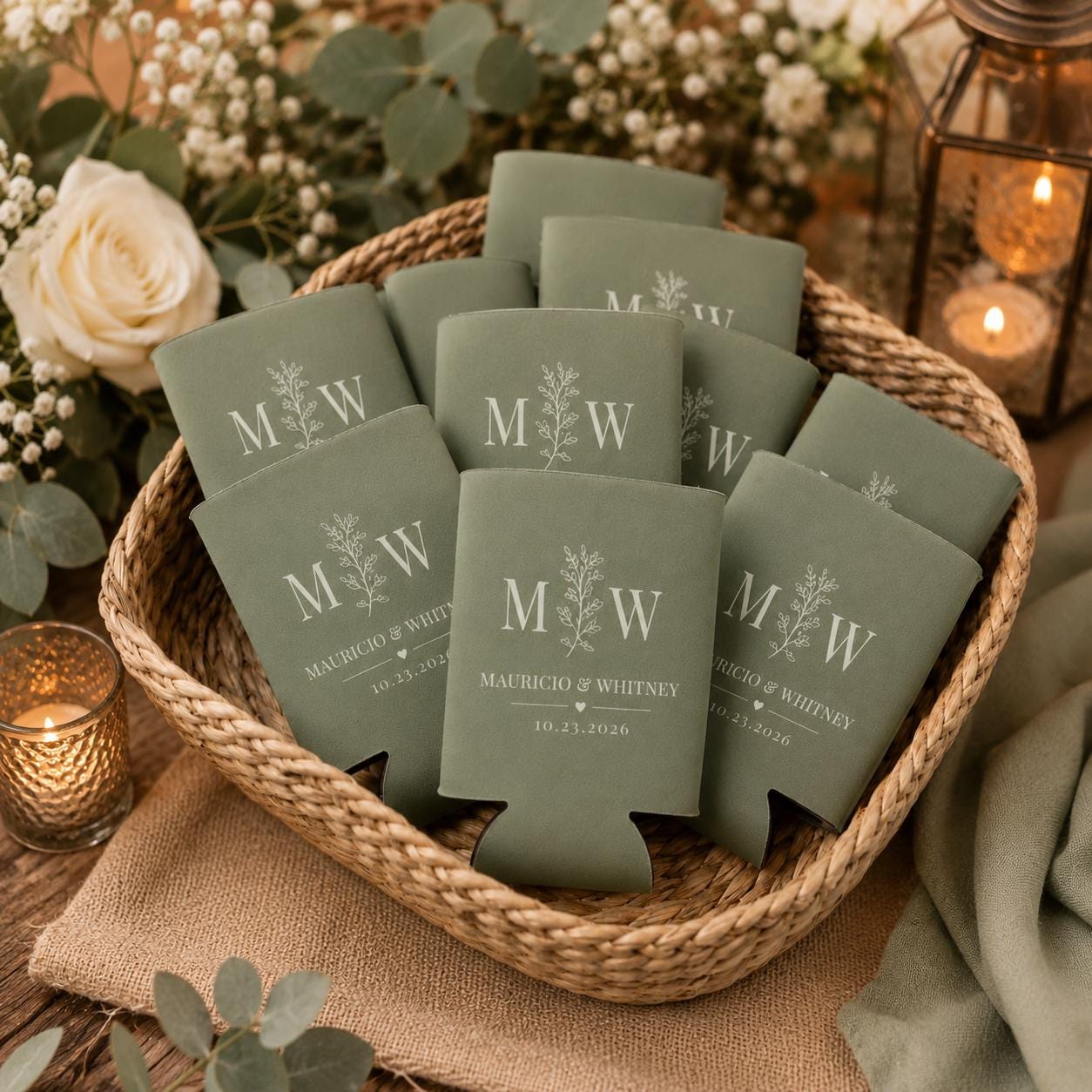 Personalized Wedding Koozie, Custom Can Cooler, Wedding Favor, Monogram Beer Sleeve, Double-Sided Available, Bridal Shower, Engagement Party