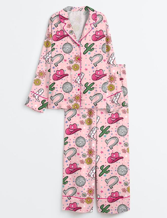 Western Cowgirl Pajama Set – Pink Disco Ball PJs – Nashville Bachelorette & Girls Trip Sleepwear