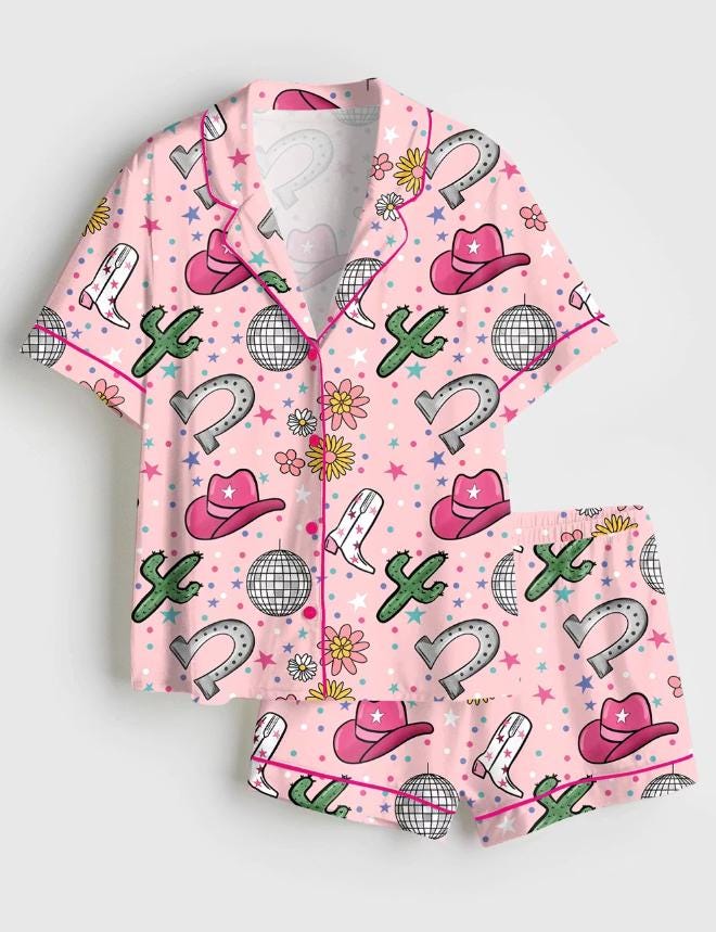 Western Cowgirl Pajama Set – Pink Disco Ball PJs – Nashville Bachelorette & Girls Trip Sleepwear