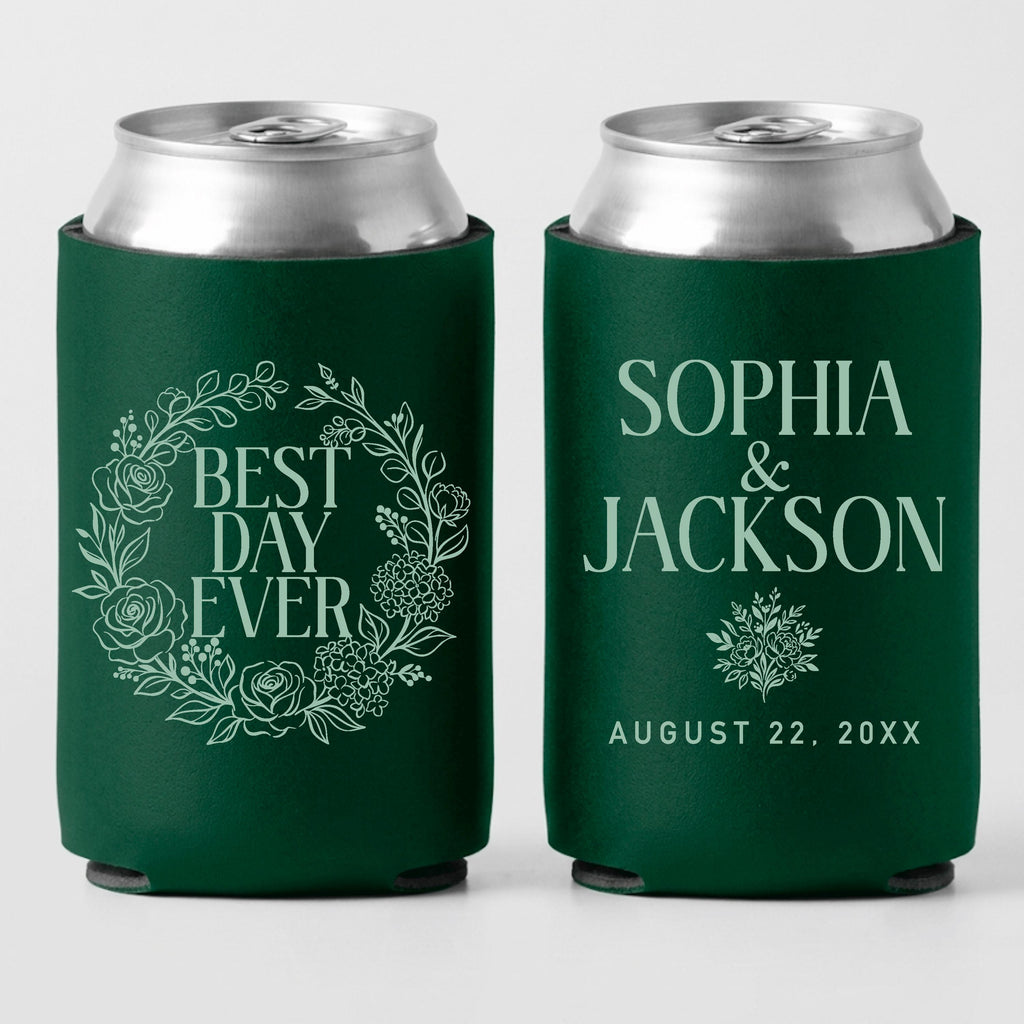 Personalized Best Day Ever Wedding Can Coolers, Custom Wedding Favor for Guests, Wedding Reception Drink Holders, Bridal Shower Favor