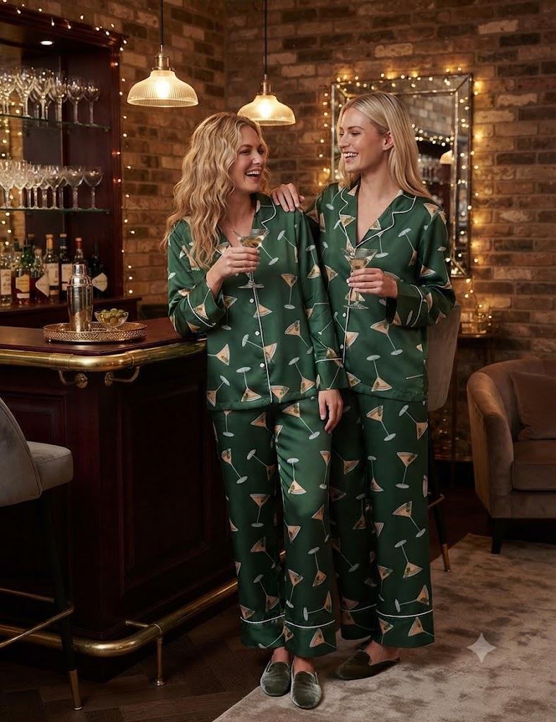 Cocktail Pajamas – Dirty Martini Pajamas Olive Green Sleepwear – Bridesmaid Pajama Set Girls Trip pjs
