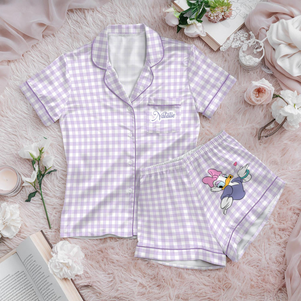 Personalized Gingham Mickey and Friends Satin Pajamas Set, Custom Disney Pajama Set, Mickey Minnie Sleepwear, Disney Short Sleeve Pjs