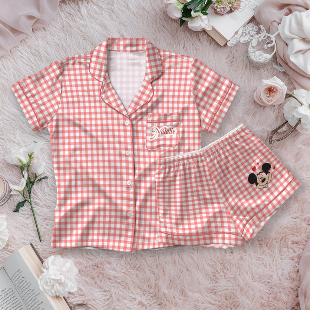 Personalized Gingham Mickey and Friends Satin Pajamas Set, Custom Disney Pajama Set, Mickey Minnie Sleepwear, Disney Short Sleeve Pjs