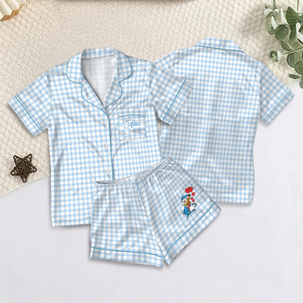 Personalized Gingham Mickey and Friends Satin Pajamas Set, Custom Disney Pajama Set, Mickey Minnie Sleepwear, Disney Short Sleeve Pjs