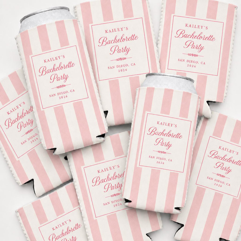 Custom Bachelorette Party Can Cooler, Bridal Shower Drinkware, Cabana Stripe Drink Coolers, Wedding Party Favors, Personalized Drink Holder